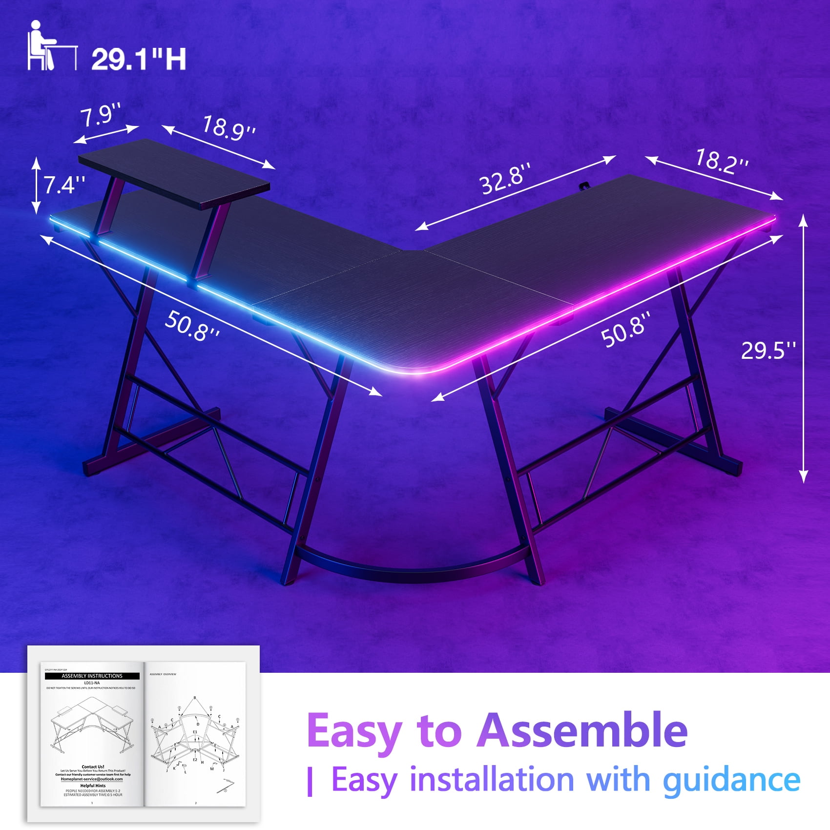 Mr IRONSTONE 51 inch L Shaped Gaming Desk with LED Lights, Corner Computer Desk for Home Office, Black Writing Workstation with Large Monitor Stand, Easy to Assemble