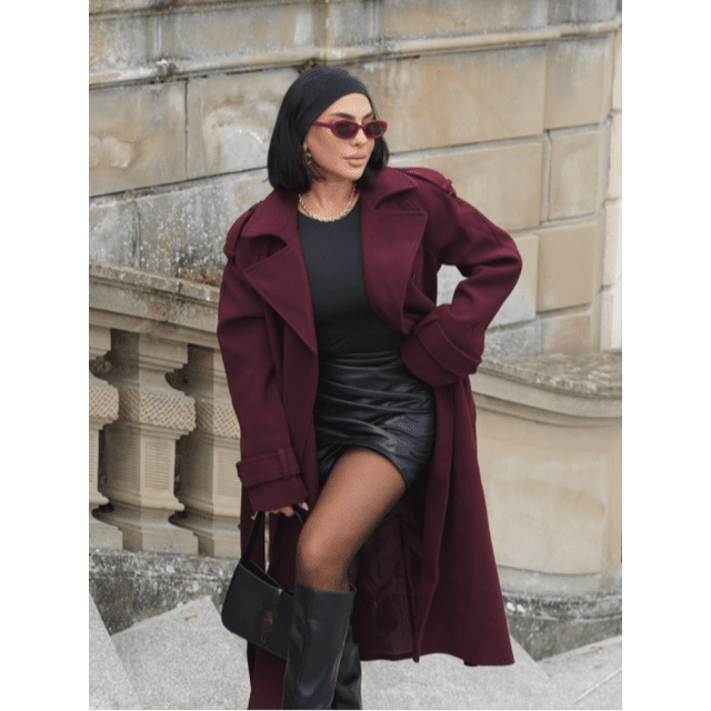 Gabardina de lana con doble botonadura para mujer, abrigo largo informal de manga larga con solapa, ropa de abrigo para ir al trabajo y oficina, color rojo vino, 2024