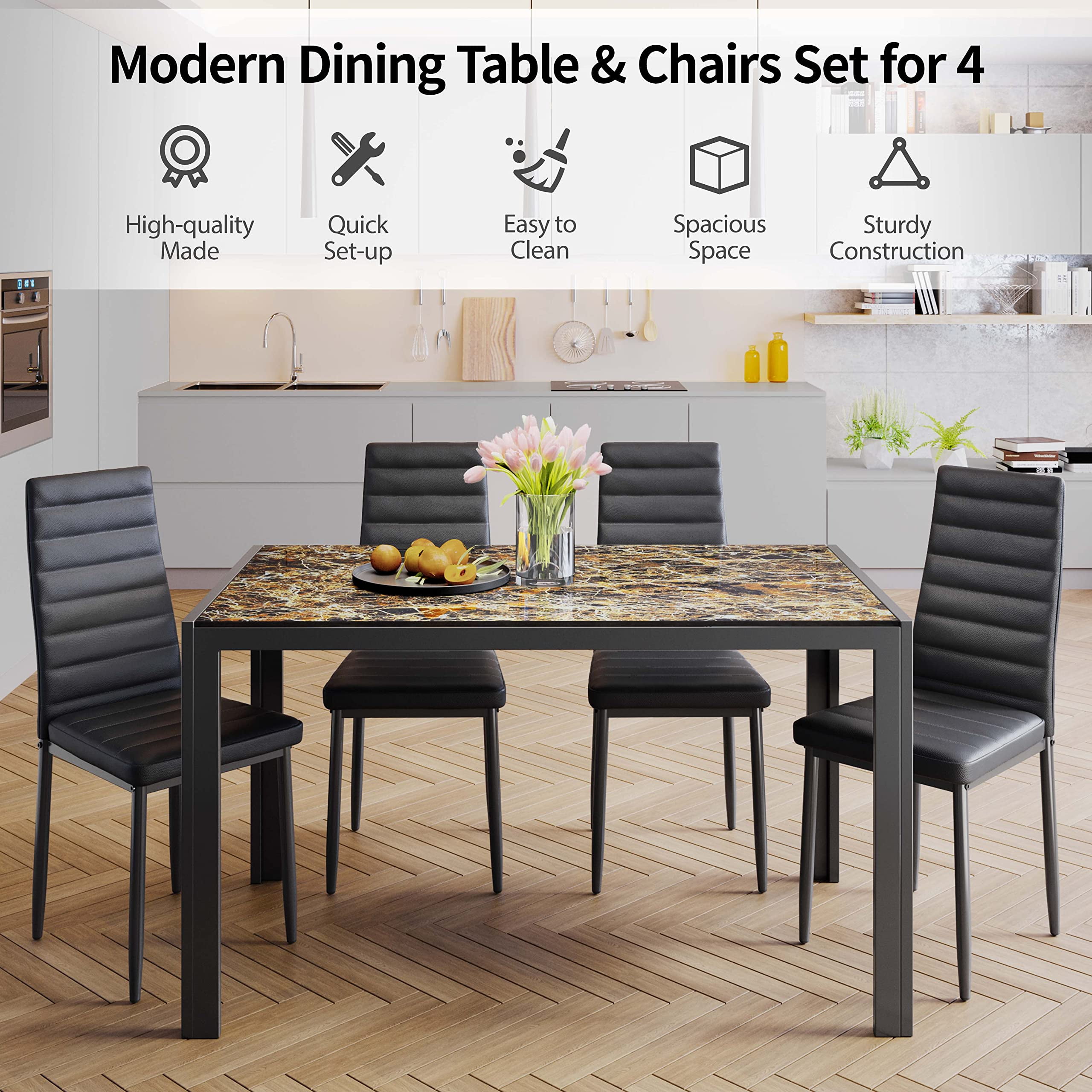 Lofka Tempered Glass Dining Table Set for 4, Kitchen Table with 4 Back Support Chairs for Meals, Marble