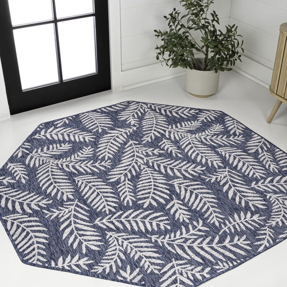 JONATHAN Y SANTA MONICA 8' Octagon Area Rug, Nevis Palm Frond - Navy/Ivory, SMB119B-8TGN