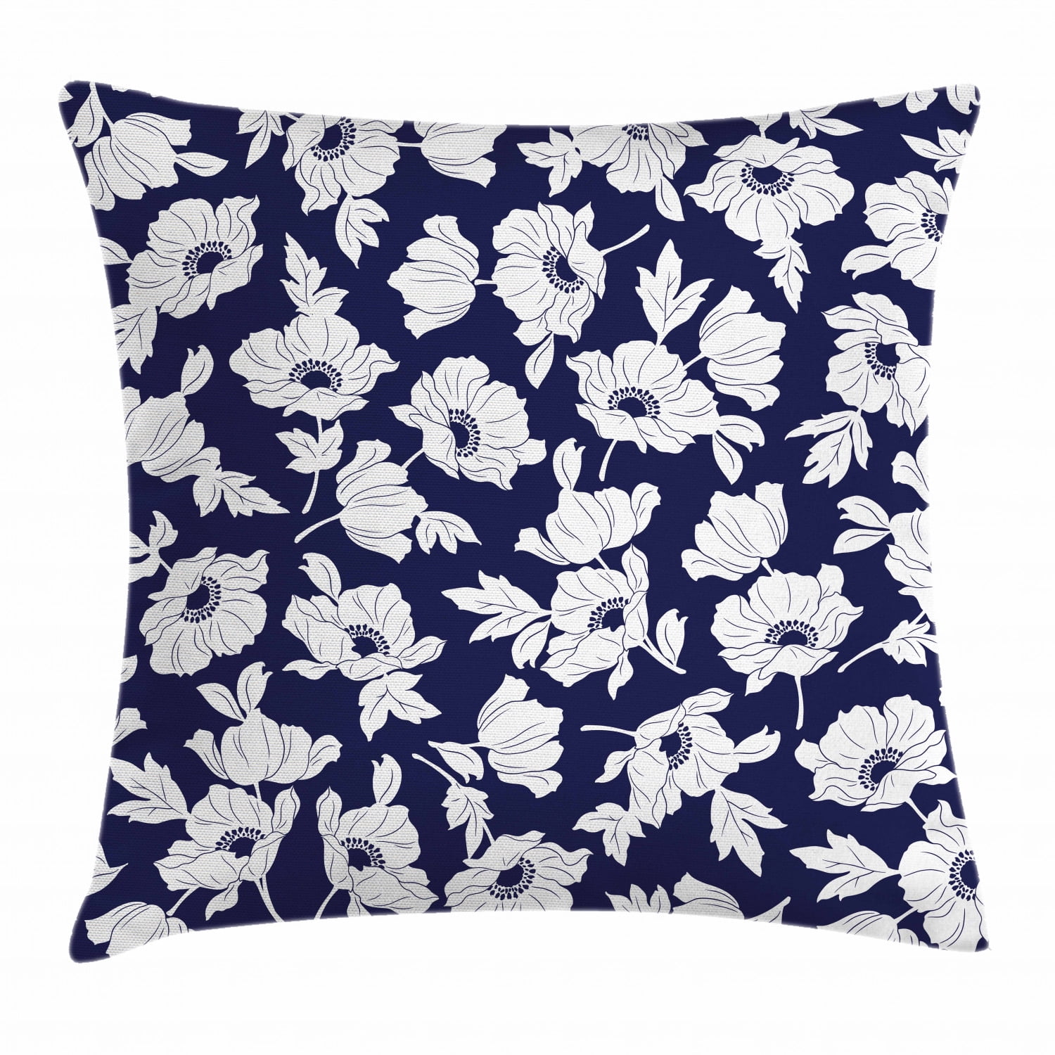 Navy and White Throw Pillow Cushion Cover, Botanical Arrangement with Poppies in White Simple