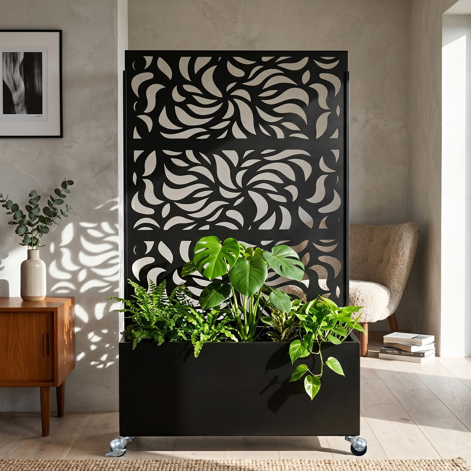 Privacy Screen with Planter Box, Black Metal Freestanding Decorative Fence Planter for Patio Balcony Backyard, 70.87" H x 46.06" W