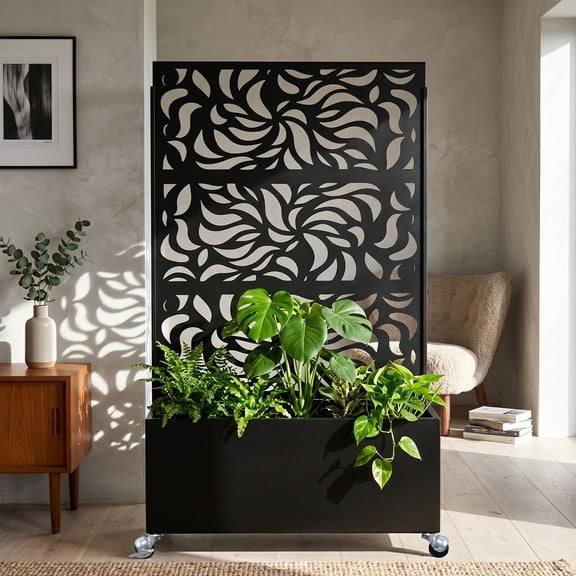 70.87" H × 46.06" W Leaf Pattern Privacy Screen with Planter Box, Black Metal Freestanding Decorative Fence Planter for Patio Balcony Backyard