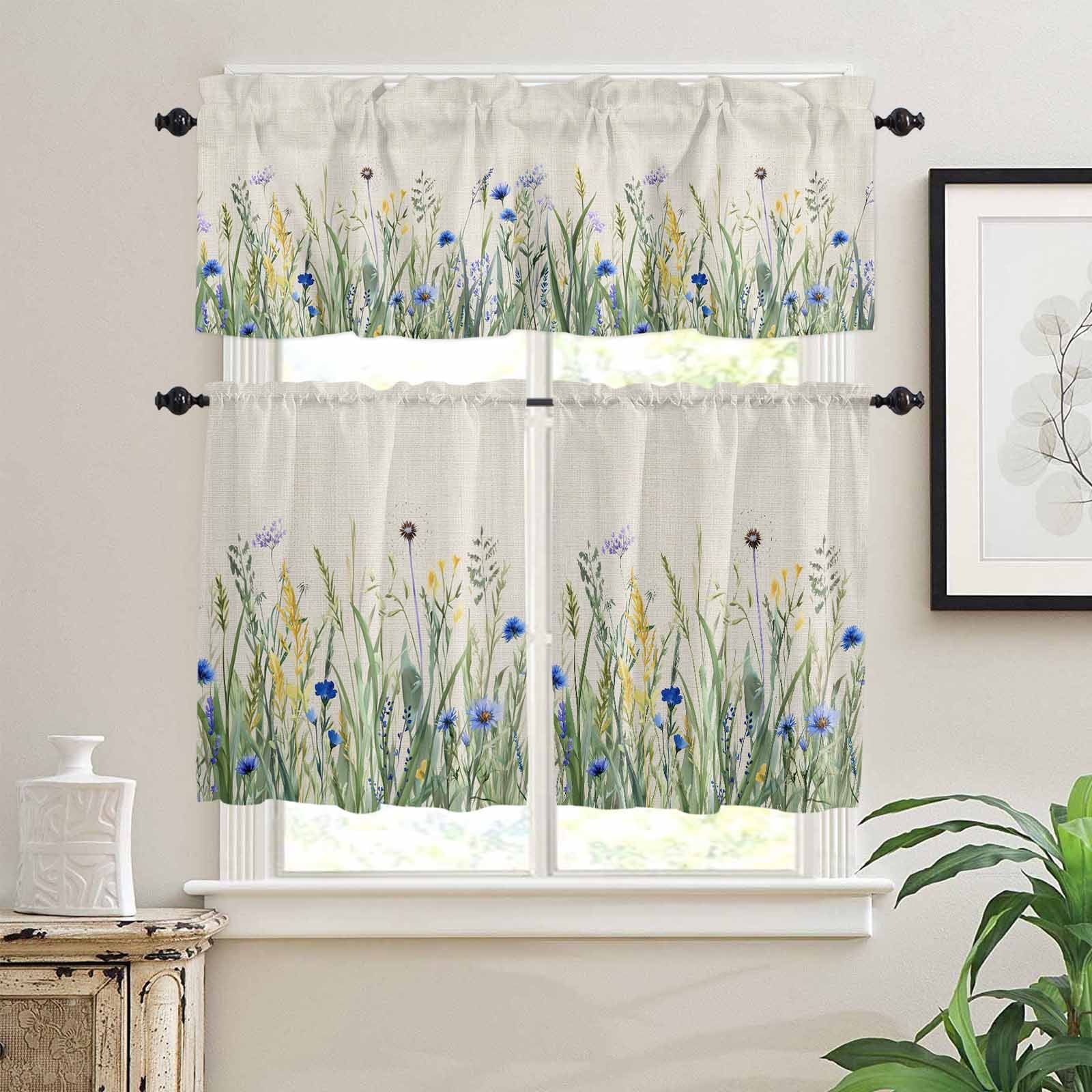 Navy Flower Kitchen Curtains Valance and Tier Set Blue-green Leaf Watercolor Vintage Linen Rod Pocket Short Curtains for Small Window 3 Pieces Set for Bedroom Bathroom Cafe (54" x 18"+27" x 36")