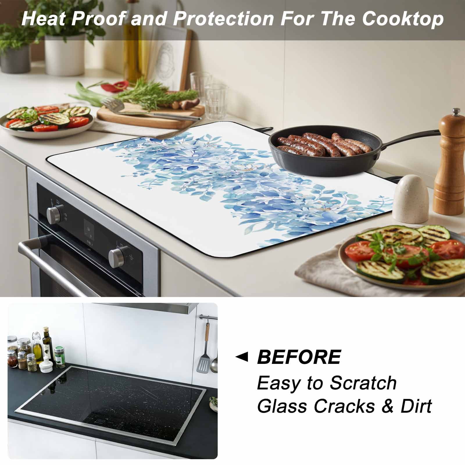 Blue Eucalyptus Leaves Stove Top Cover for Electric Stove, Heat-proof & Non Slip Glass Top Stove Cover Protector, Spring Summer Botanical Floral Kitchen Flat Cooktop Rubber Mat 31x24 Inches