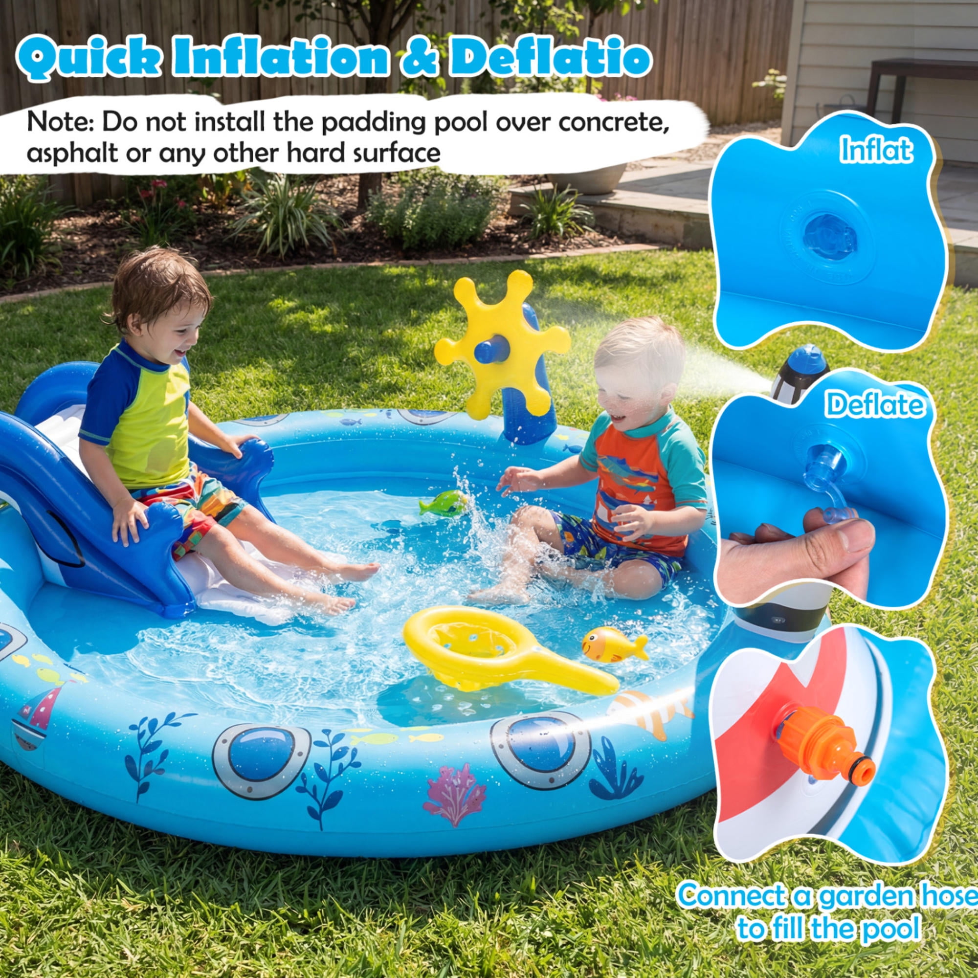 Inflatable Play Center Marine Life Spray Pool with Shark Slide, Lighthouse Sprinkler & Fishing Game, Outdoor Kids Water Play Pool for Toddlers 2-6 Years, Summer Backyard Fun