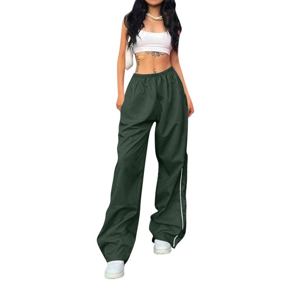 Yungyresw Women's Baggy Parachute Pants Wide Leg Elastic Waist Jogger Sweatpants Y2K Style Hiking Camping Streetwear Pants For Women Deep Green L