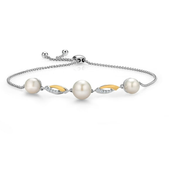 Gem Stone King Cultured Freshwater Pearl and White Lab Grown Diamond Tennis Bracelet for Women | 925 Sterling Silver and 10K Yellow Gold | Round 6-7.5MM Pearls | Adjustable up to 9.25 inch