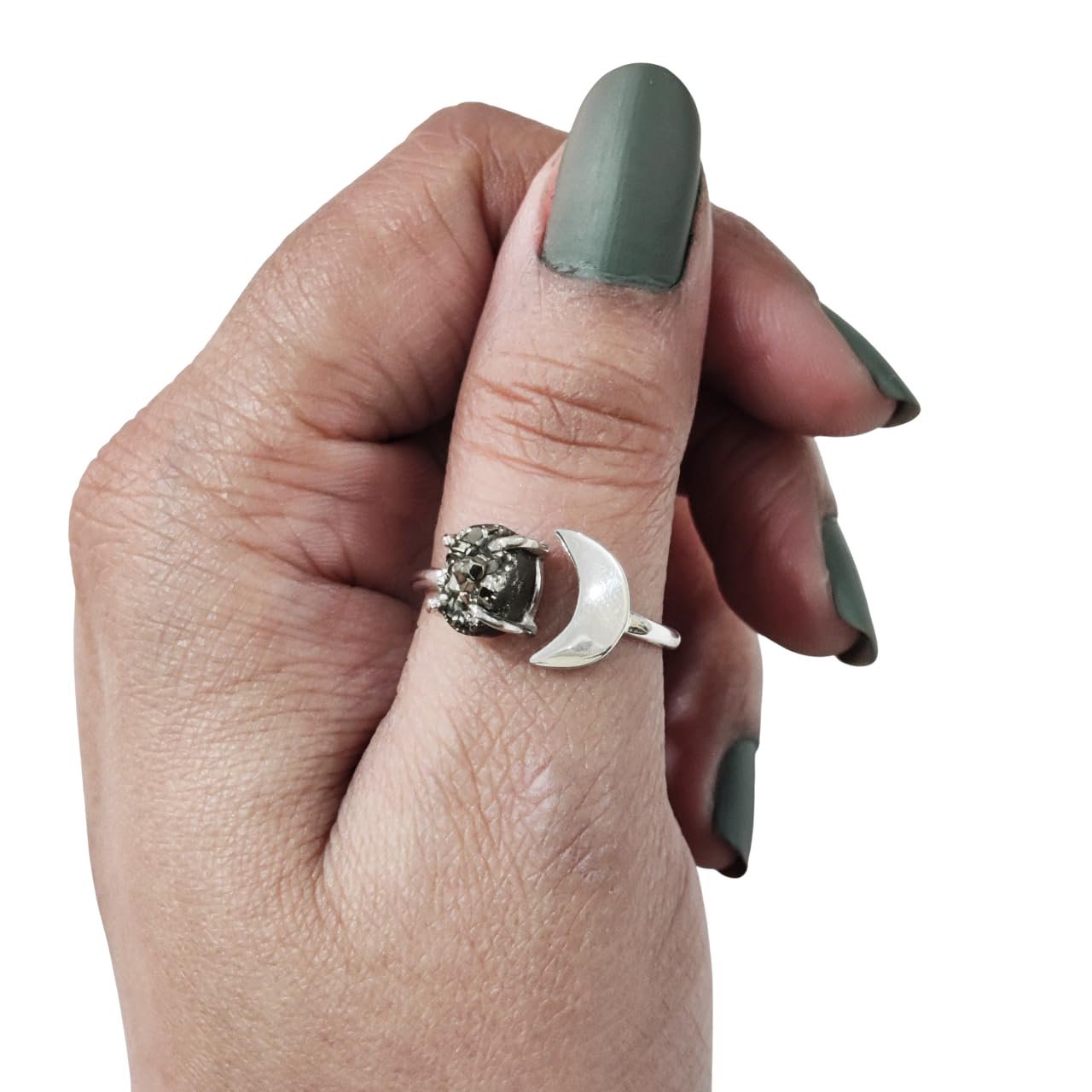 Natural Raw Pyrite Ring, Pyrite Gemstone Ring, Money Catching Power Ring, Crescent Moon Adjustable Ring, Toe Ring, 925 Sterling Silver, Women Ring, Christmas, Thanksgiven, Handmade Statement Jewelry