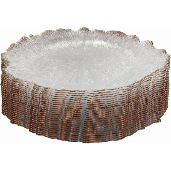 25Pcs Reusable Clear Rose Gold Charger Plates, 13 Inch Plastic Round Table Charger Plates with Gold Rim, Flower Shape Dinner Tray for Banquets Holiday Wedding Party Catering Event