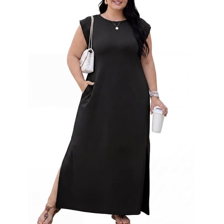 Cueply Women's Plus Size Maxi Dresses Casual Split Long Sleeveless Dress for Women with Pockets