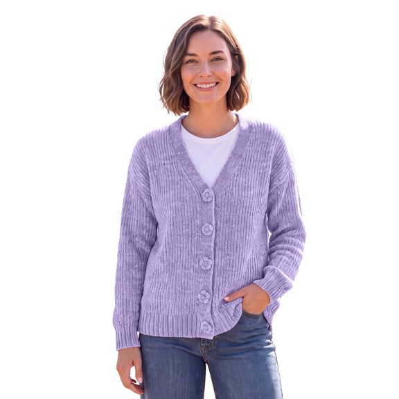 Woman Within Plus Size Chenille Flower-Button Sweater Cardigan