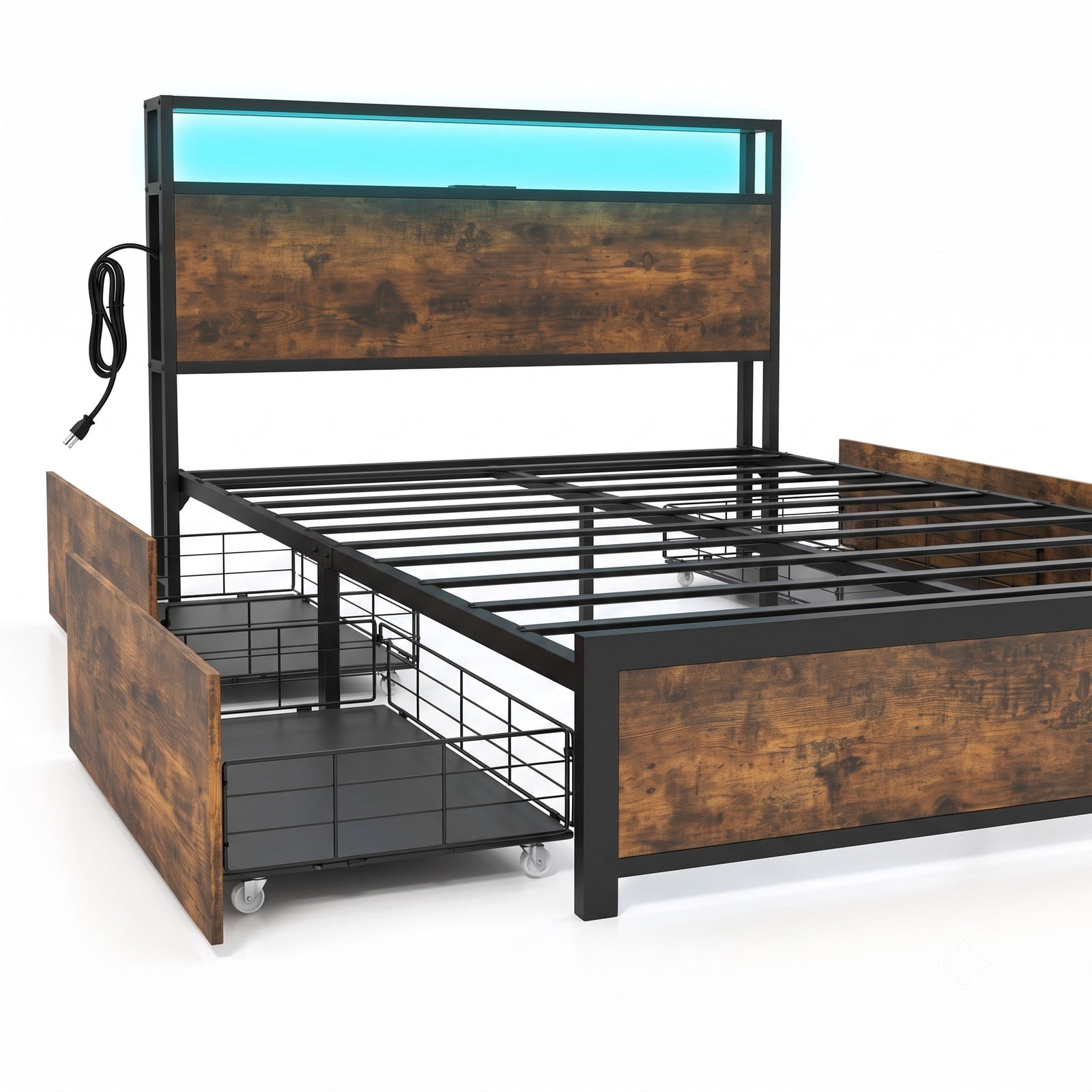 Furnibear Queen Size Bed Frame with Storage, LED Lights and 4 Drawers, Metal Platform Bed Frame with Charging Station and Headboard, Rustic Brown