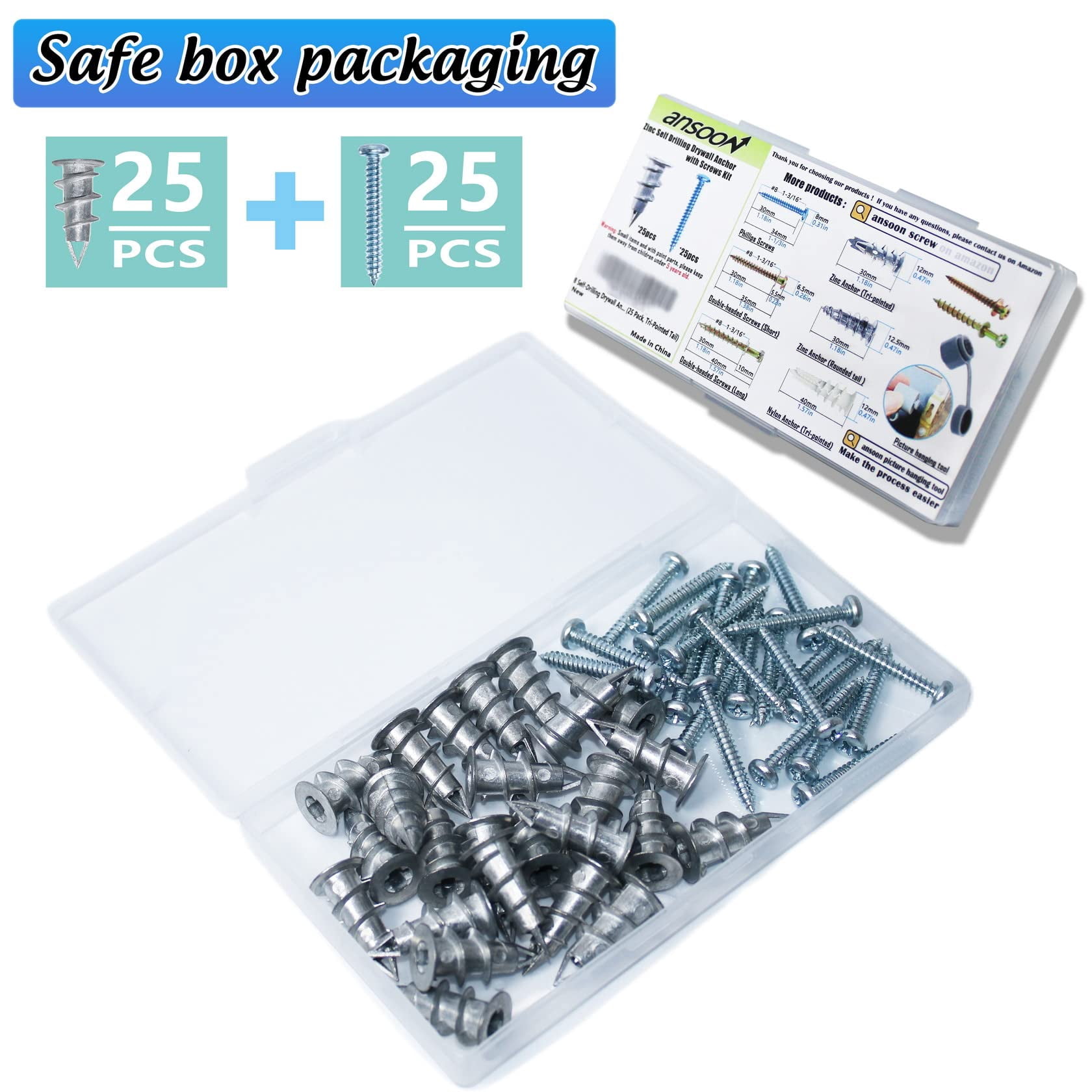 50Pcs #8 Self Drilling Metal Drywall Anchors and Screws kit, 25 Heavy Duty Hollow Sheetrock Anchors + 25 1-1/4'' Screw, No Pre Drill Hole Required - Hold 75lbs for Wall Hanging and Mounting