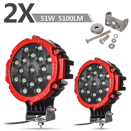 2PACK 7" LED Offroad Pod Lights Bar 51W with Mounting Bracket, Red Round