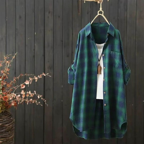 Blmnix Green Button Down Shirts for Women Plaid Gauze Country Concert Tops V-Neck Long Sleeve Blouses