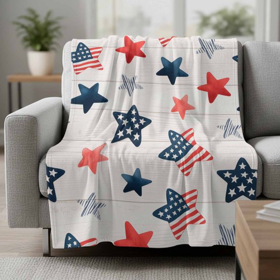 Flannel Blanket Modern Farmhouse Soft Lightweight Throw Blanket White Patriotic Stars Flag Wooden Cozy Blanket for Bed Couch Sofa Bedroom Living Room 30" x 40"