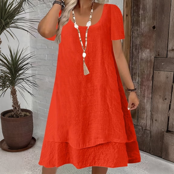 Elvqul Womens Dresses Short Sleeve Scoop Neck Dresses for Women Plus Size Solid Pullover Long Dresses Orange Trendy