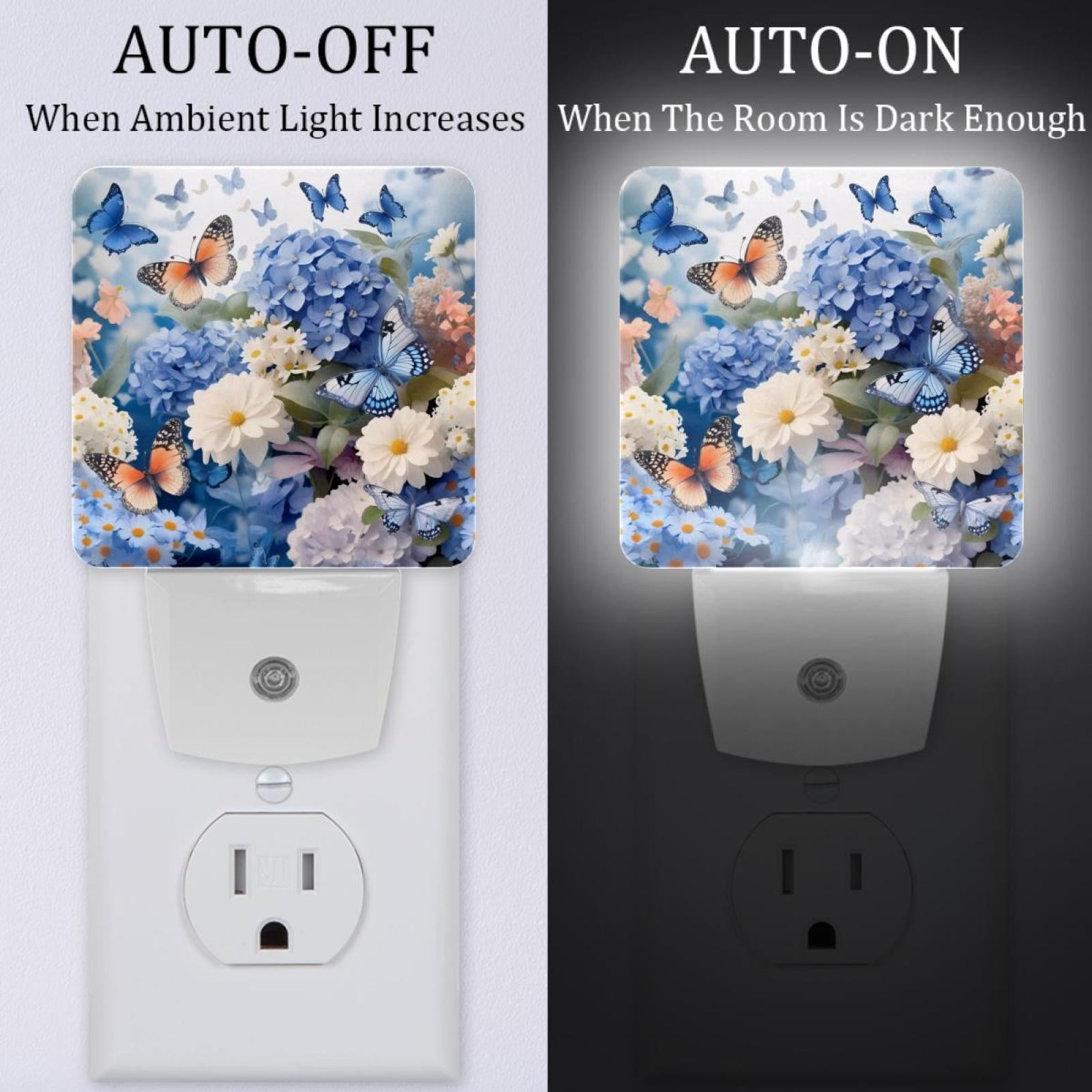 PhooArto Daisies Floral Butterfly and Hydrangeas Plug in LED Night Light Auto Sensor Dusk to Dawn Decorative Night for Bedroom, Bathroom, Kitchen, Hallway, Stairs, Baby's Room, Energy Saving