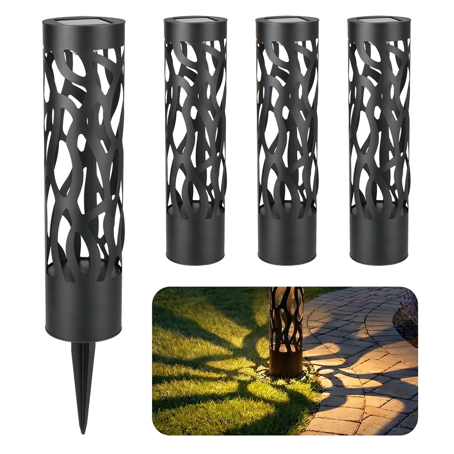 Home Zone Security Hollow-Metal Bollard Solar Outdoor Light for Pathways, 50 Lumens, Ground Stake, 2 Light Modes, Dusk to Dawn, 4 Pack