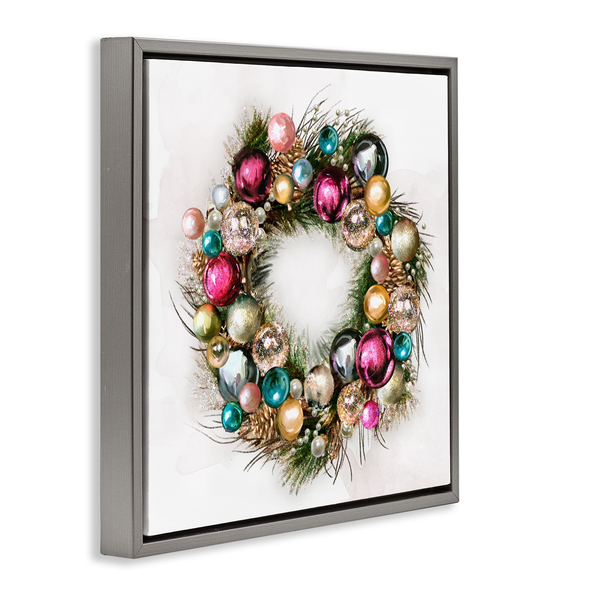 Stupell Industries Festive Ornamental Wreath Holiday Painting Gray Floater Framed Canvas Art Print Wall Art, 18 x 18