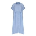 thumbnail image 4 of Teyfeniy Blue Women Shirt Dresses Pinstrip Summer Spring Button Down Crew Neck Collar Short Sleeve Maxi Dress Going Out Holiday Casual Vacation Fashion Outfit Solid Color Comfy Dresses, 4 of 6