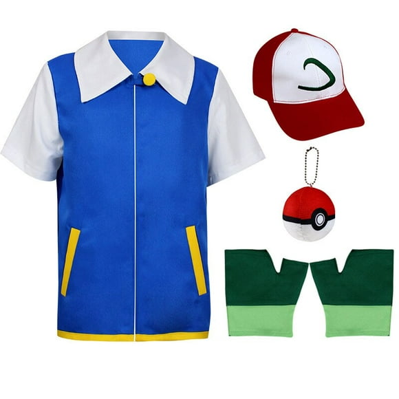 Anime Pokemon Ash Blue Jacket Cosplay Costume for Kids Trainer Adjustable Baseball Cap and Gloves Set Halloween Party Outifts