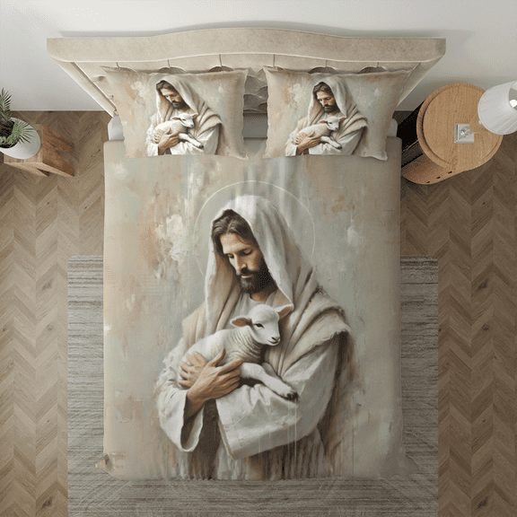 Lotusprinthandmade Jesus With Lamb Christian Faith Bedding Set (Made in Vietnam) (60x80) – Religious Faith Bedding