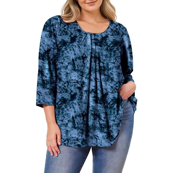 Plus Size Tops for Women Casual 3/4 Sleeve Blouses Loose Fit Pleated Tie-Dye Blue Shirt