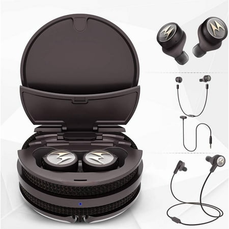 Motorola Tech 3-3-in-1 Smart True Wireless Headphones - Cordless Earbuds, Sport Wire, Audio Plug-in - IPX5, Built-in Microphone, Magnetic Charging Case with Cable Storage System