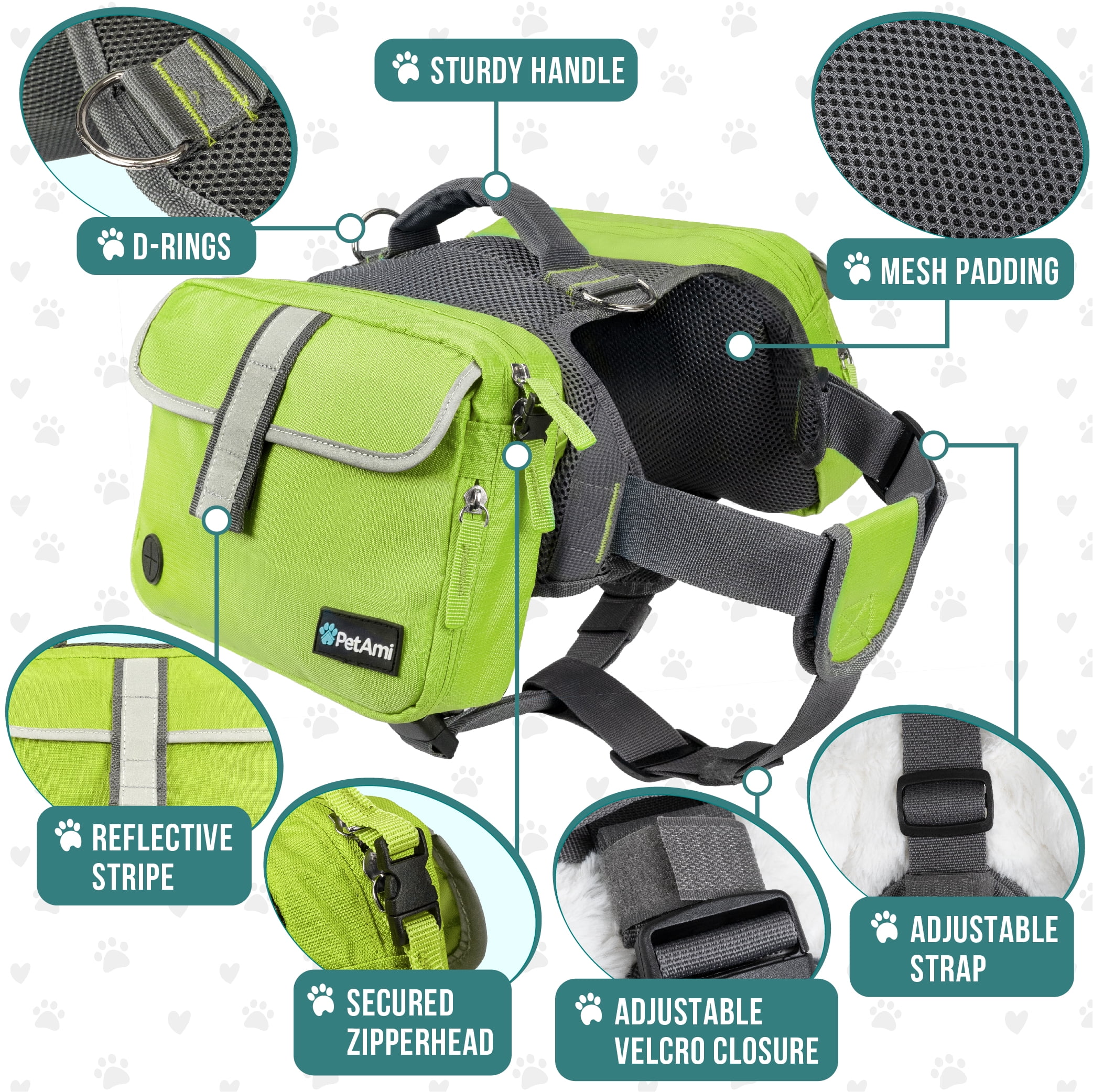 PetAmi Dog Backpack Saddle Bag for Medium Large Dogs, Saddlebag for Dogs to Wear, Harness Saddlebag for Hiking with Reflective Safety Side Pockets, Vest Dog Pack for Camping Travel (Green, Large)