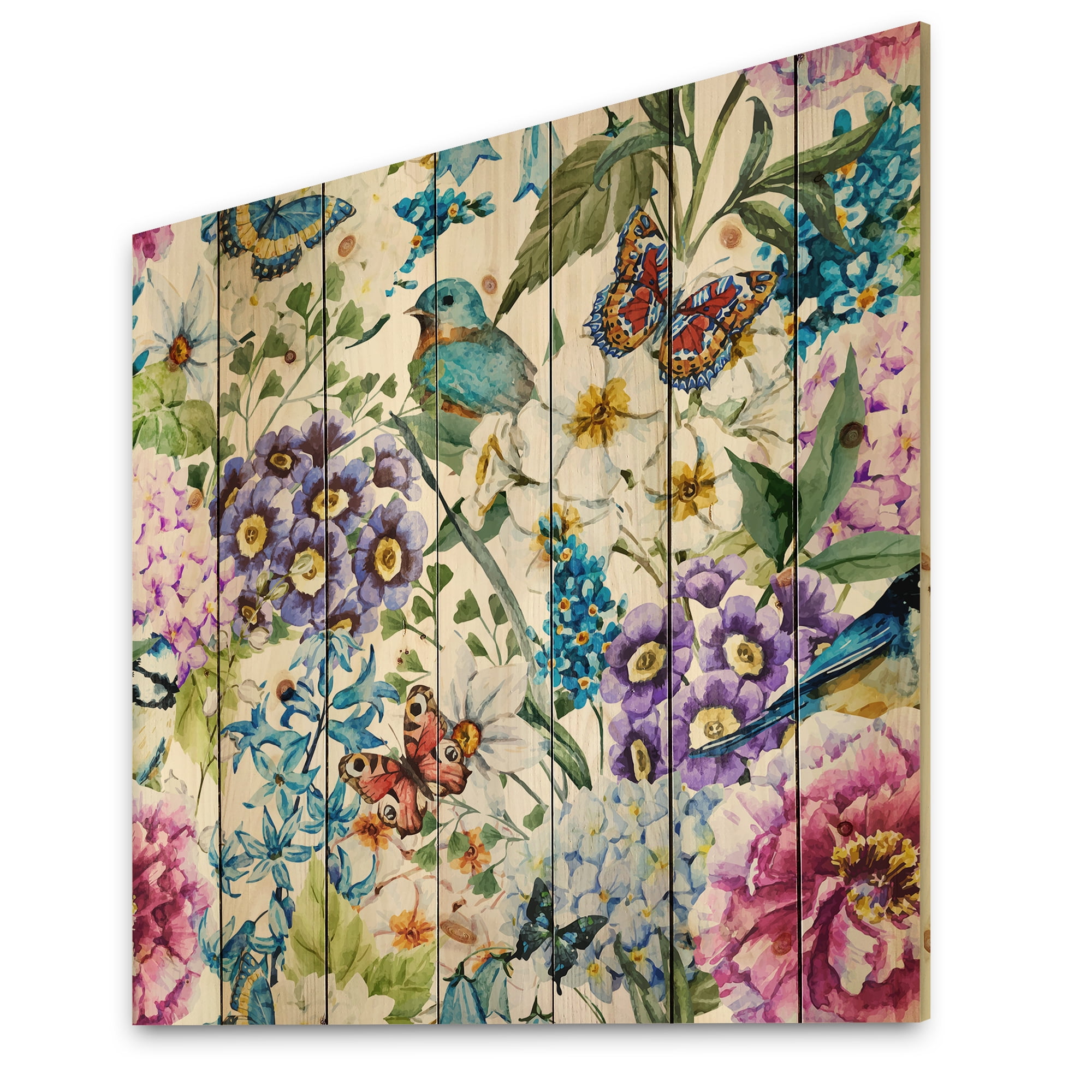 Designart 'Wildflowers and Vibrant Wild Spring Leaves XII' Modern Print on Natural Pine Wood