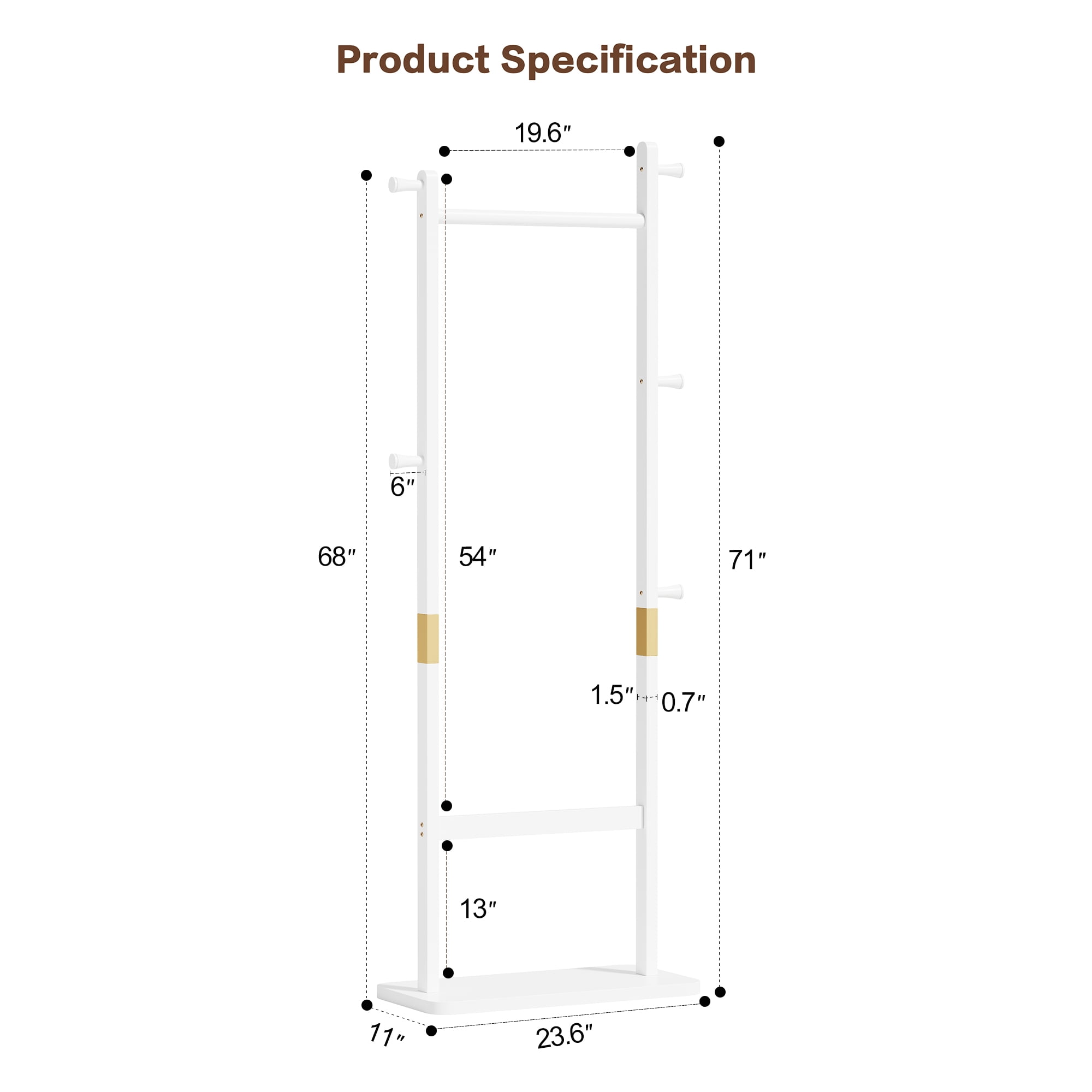 Garitin Coat Rack and Hall Tree 70.87 Inch, Solid Wood Freestanding Stand with Hooks and Hat Shelf for Entryway Living Room Bedroom, White Rubber Wood
