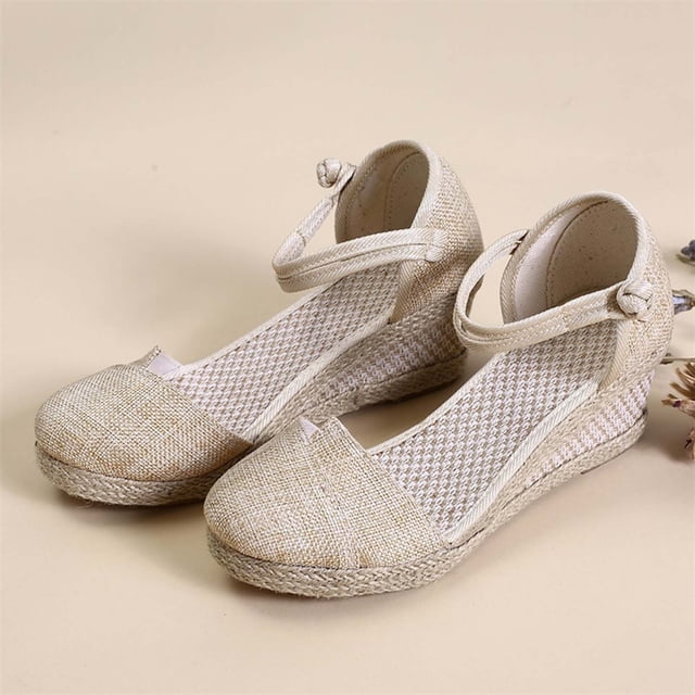 Mefallenssiah Womens Fermé Orteils Compensées Chaussures Plate-Forme Escarpin Mi Talon Bas Toile Robe Sandales