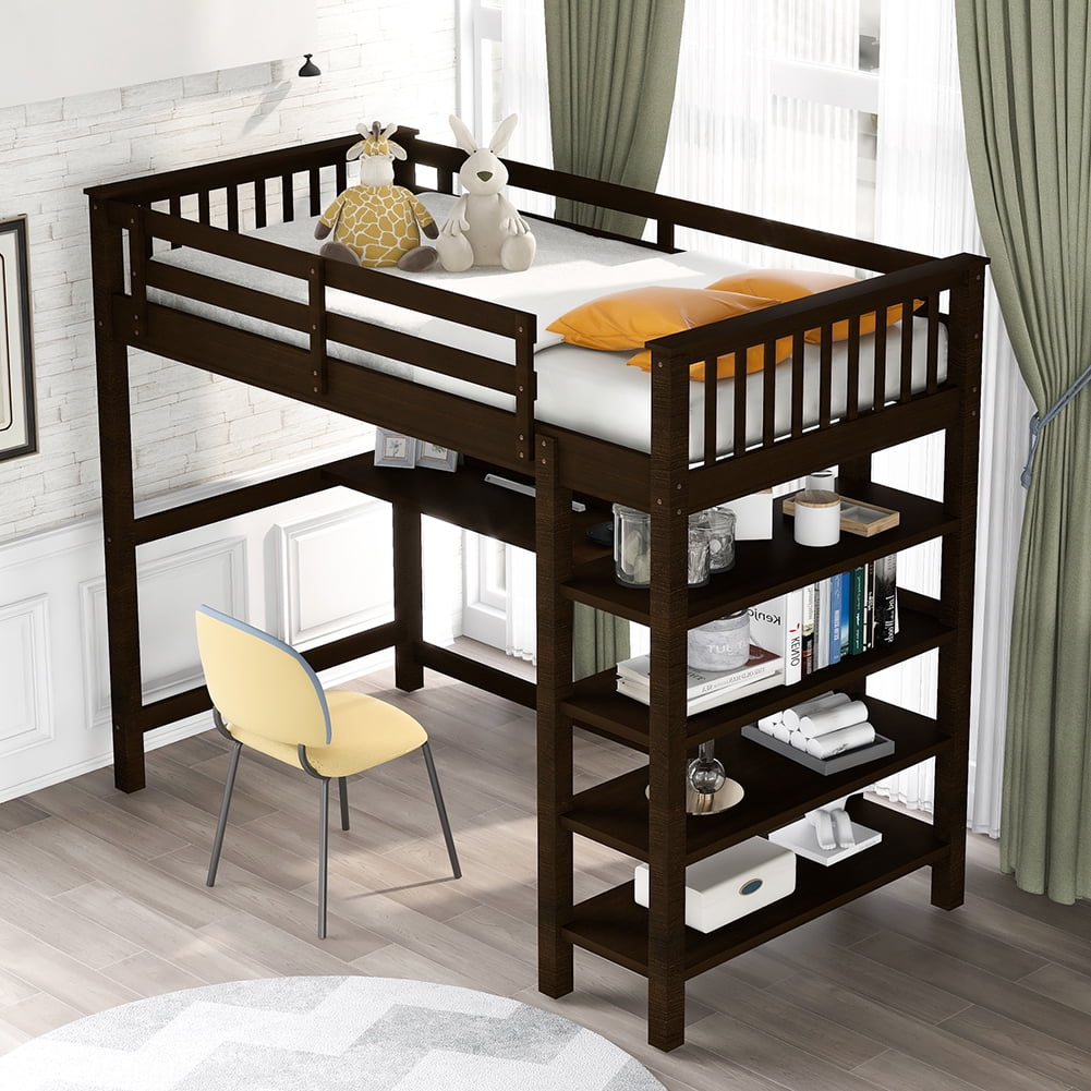 Lowestbest Twin Rubber Wood Loft Bed with Open Storage Shelves and Under-bed Desk, Espresso Lowestbest Twin Rubber Wood Loft Bed with Open Storage Shelves and Under-bed Desk, Espresso