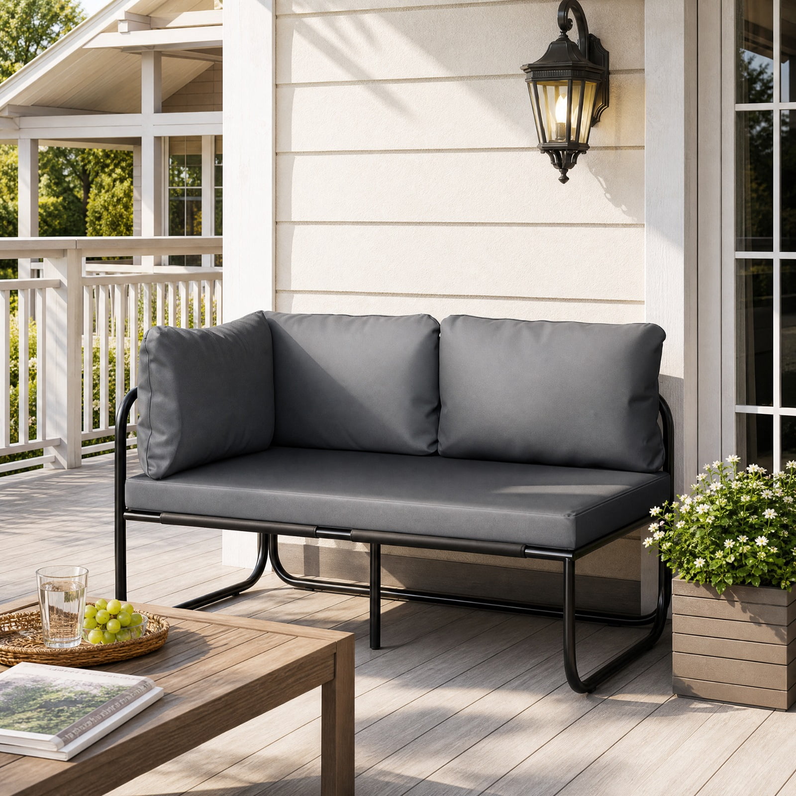 Furnibear Patio Loveseat Sofa Couch with Removable Pillows and Seat Cushion for Yard Garden Porch and Poolside Seating, Gray