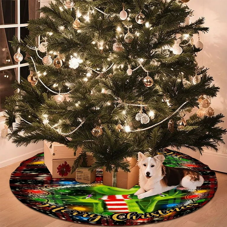 Christmas Tree Skirt Burlap Rustic Tree Skirt with Grinch Merry Christmas Sign Tree Ornaments Green Buffalo Plaid Christmas Tree Mat Christmas