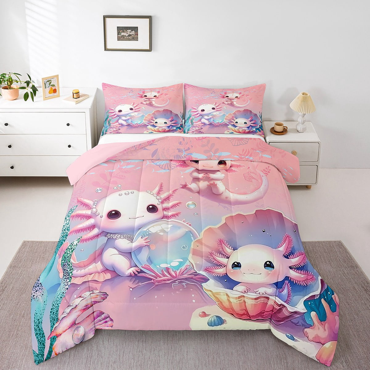 Erosebridal Axolotl Bedding Set Bedroom Decor,Cute Cartoon Axolotl Sea Shell Background Kawaii Bedding Set,Cartoon Sea Animals Axolotl Comforter Queen Size with 2 Pillowcase