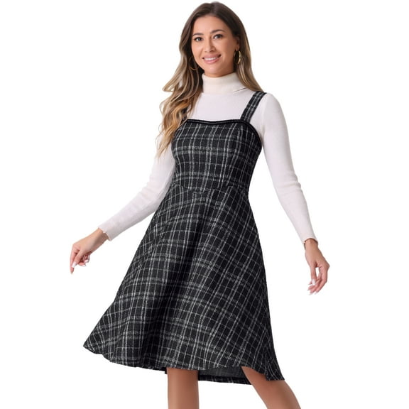 DARING DIVA Women's Sleeveless Square Neck Plaid A Line Pinafore Dresses XS Black