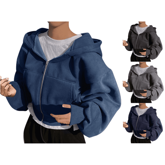 VEKDONE Women Cropped Zip Up Hoodies Oversized Long Sleeve Loose Fit Sweatshirt Coat Y2K Clothes Fall Fashion Athletic Workout Outerwear with Pockets