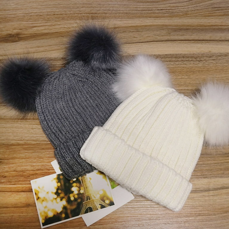 Double Pom Pom Beanie Faux Fur Knit Hat, Fleece Lined Hat, Pompom