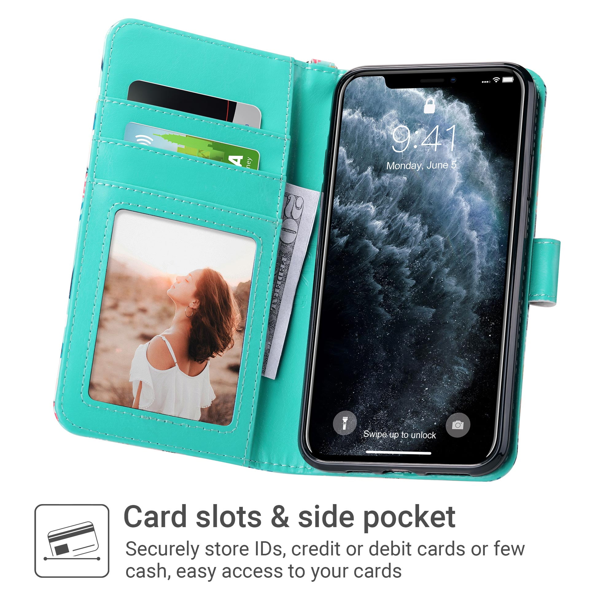 yosicl iPhone 11 Pro Max Case Wallet, iPhone 11 Pro Max Wallet Case with Card Holder, Leather Kickstand Card Slot Case with Screen Protector, Wrist Hand