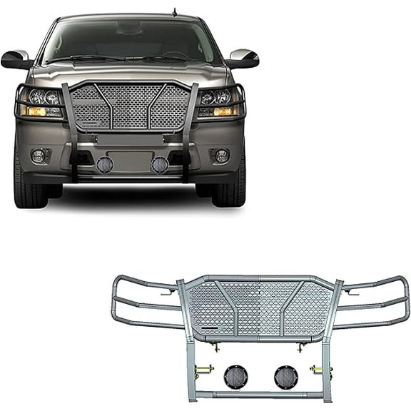 Black Horse RUGGED Heavy Duty Grille Brush Bumper Guard Modular Black Come with Pair of 5.3"LED Lights Compatible with 2007-2014 Tahoe/Suburban 1500|2007-2013 Avalanche-RU-CHTA07-B-PLFB