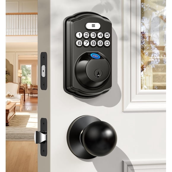 Veise Cerradura de puerta con huella digital con 2 perillas - Cerradura de puerta de entrada sin llave con manija, cerrojo con teclado electrónico, juego de manija frontal inteligente, bloqueo automát