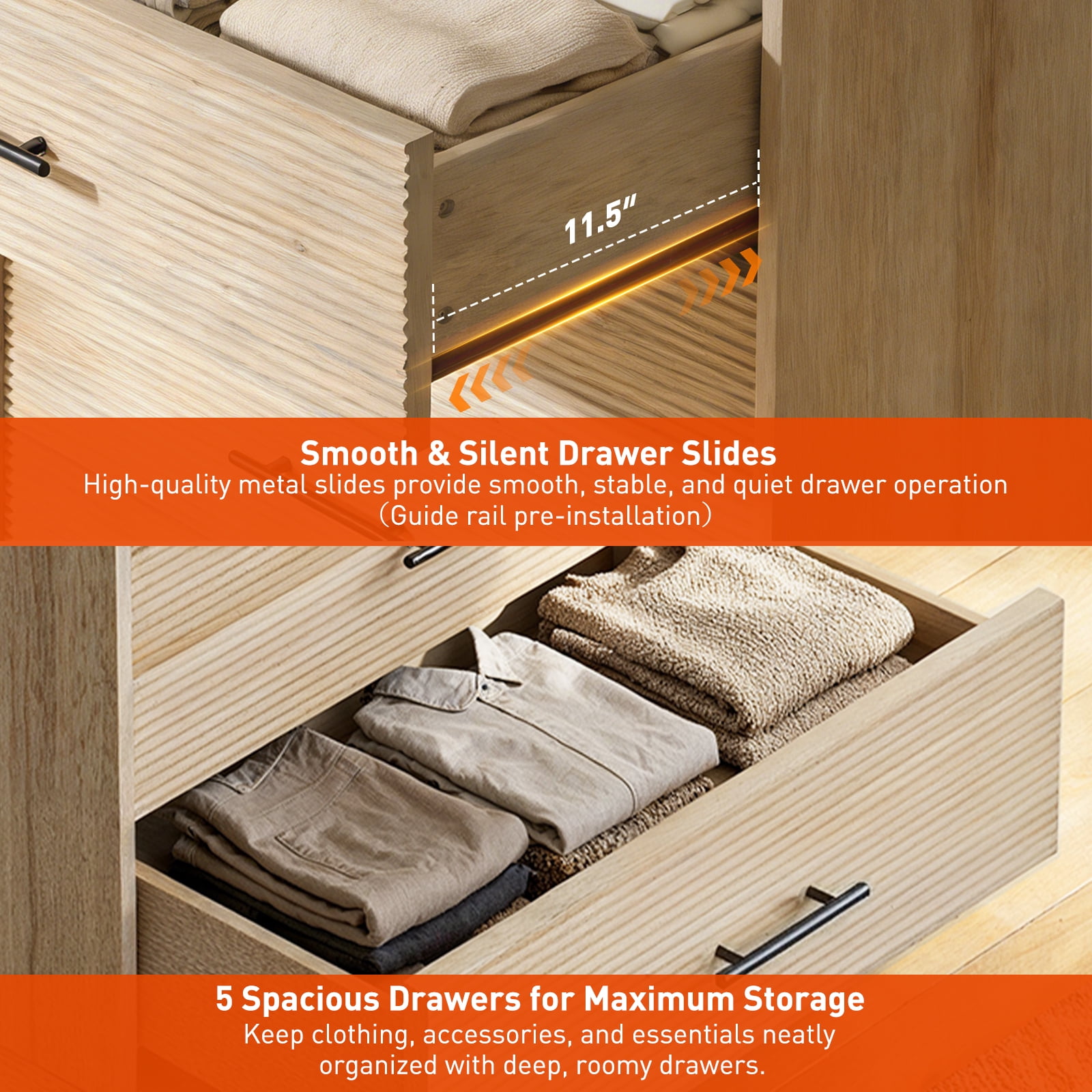 CHITOOMA 5 Drawer Dresser Wooden, Fluted Tall Dresser for Bedroom, Chest of Drawers for Living Room Hallway, Natural