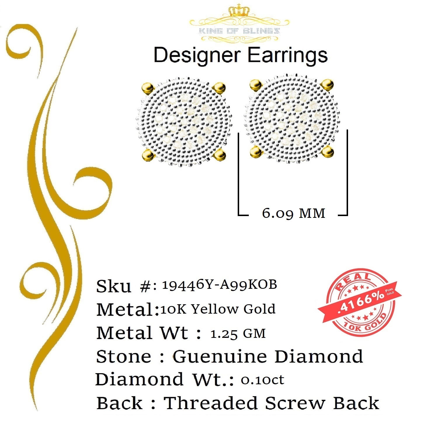 King of Bling's 10K Real Yellow Gold with 0.10CT Real Diamonds Men's/Women's stud Round Earrings
