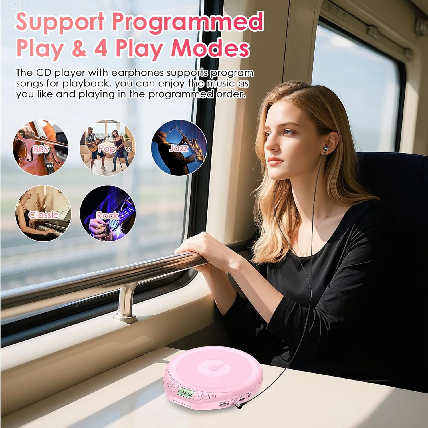 Gueray CD Player Portable CD Discman: with Earphones Portable CD Player for Car with Anti-Skip Shockproof Personal CD Player with LCD Display