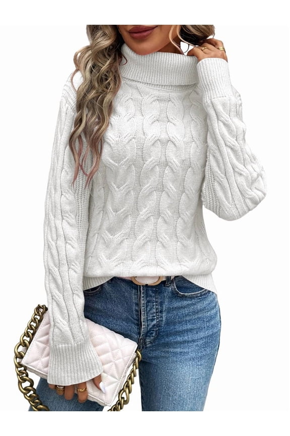 Women Turtle-Neck Sweaters Cable Knit Long Sleeve Pullover Jumper Tops Fall Winter Casual Solid Sweater White M