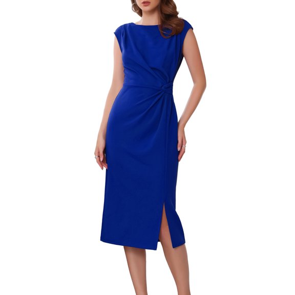 DARING DIVA Formal Sheath Ruched Boat Neck Cap Sleeve Elegant Dress S Royal Blue