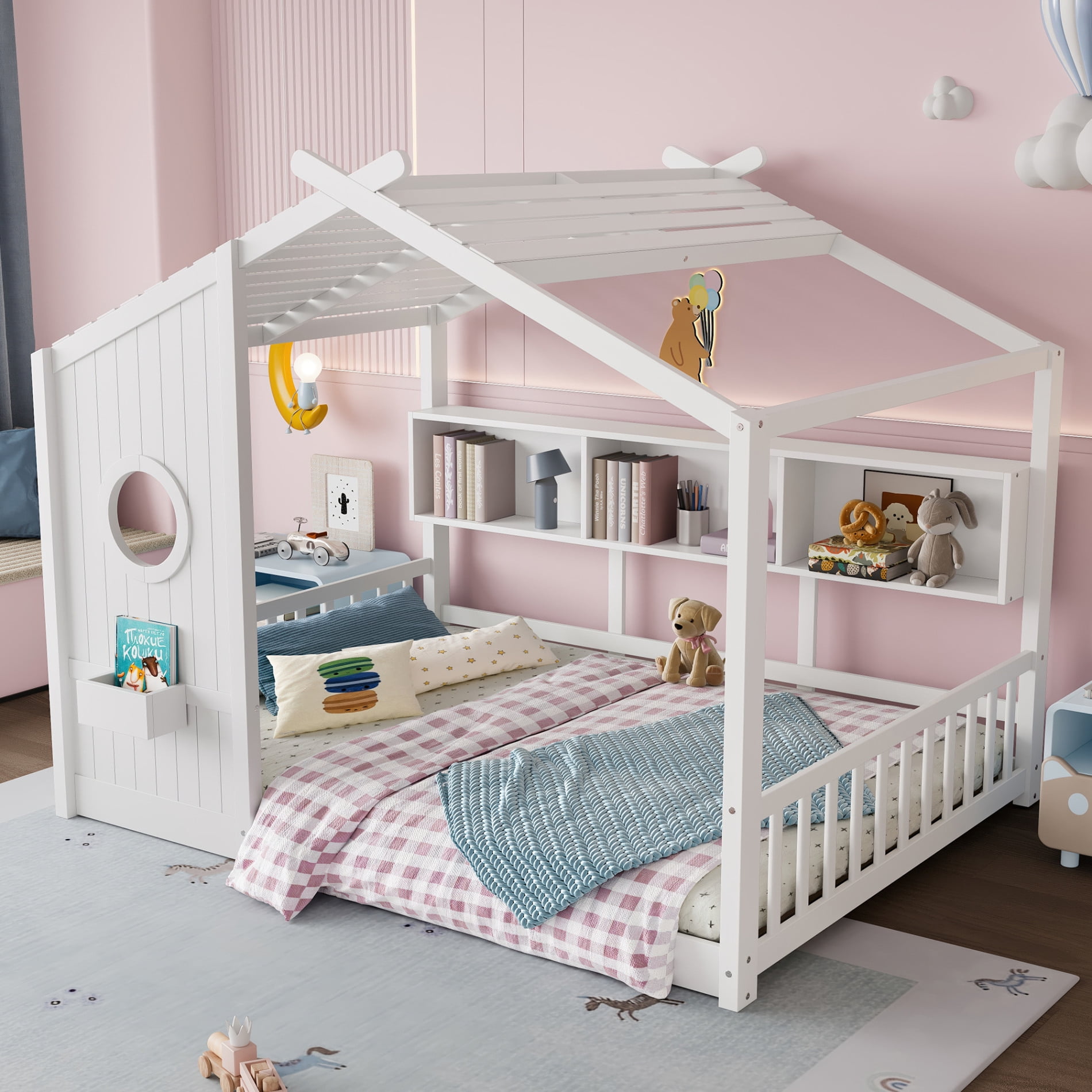 Full Size House Bed with Storage Shelf, Wood Montessori Floor Bed with Roof, Headboard and Footboard for Toddlers, Boys, Girls, White